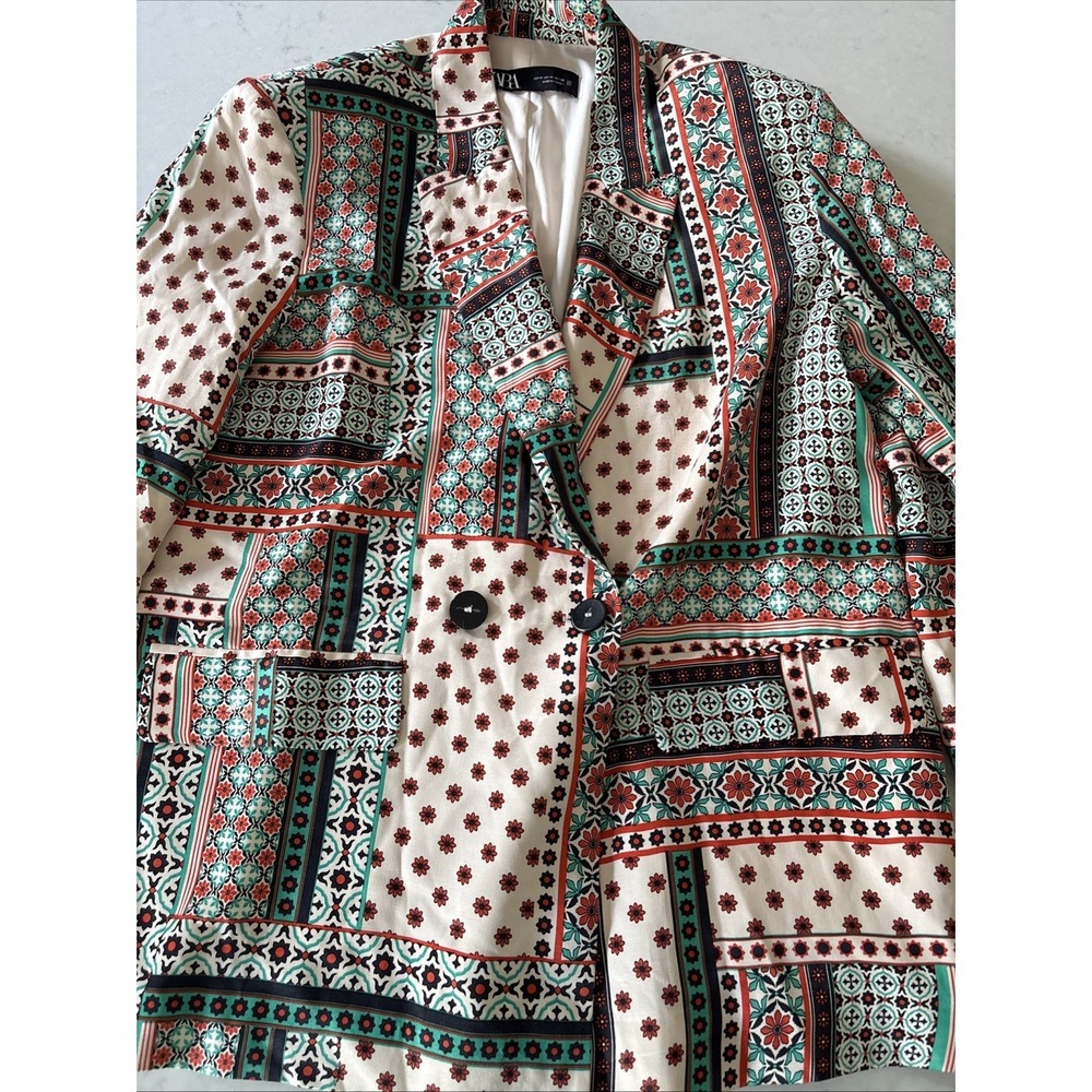 ZARA Retro Patchwork Printed Multicolor‎ Satin-Effect Blazer Womens M Lined Boho